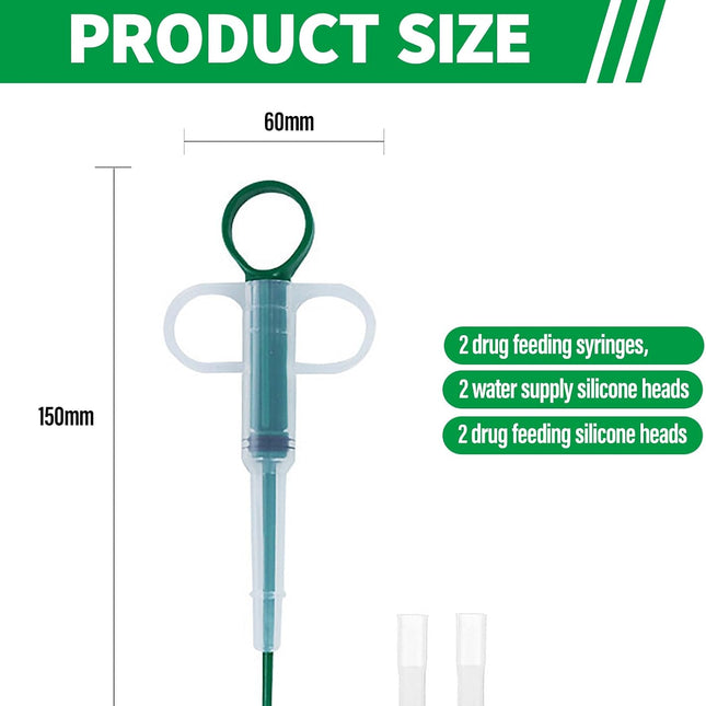 Two-piece set with pet pill poppers, cat pill poppers and cat pill dispensers. Reusable cat pill poppers. Green pill poppers with soft tips for safety and reliability. Handy for both cats and dogs..