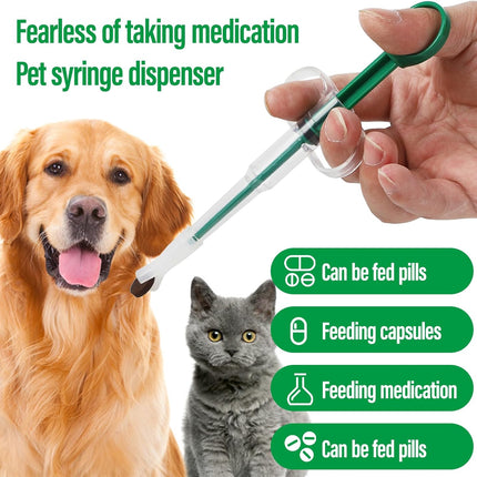 Two-piece set with pet pill poppers, cat pill poppers and cat pill dispensers. Reusable cat pill poppers. Green pill poppers with soft tips for safety and reliability. Handy for both cats and dogs..