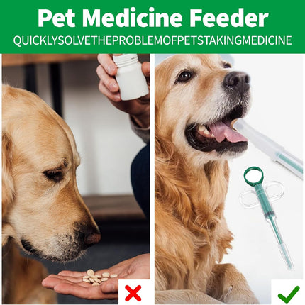 Two-piece set with pet pill poppers, cat pill poppers and cat pill dispensers. Reusable cat pill poppers. Green pill poppers with soft tips for safety and reliability. Handy for both cats and dogs..