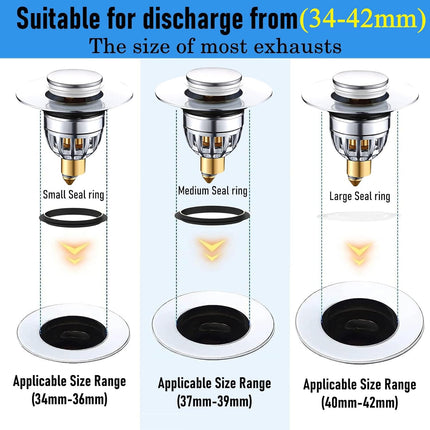 Gootsteenplug, universal, stainless steel strainer for collapsible sink plugs, drain plug for sinks 34-42 mm, suitable for bathtubs and sinks (34-42 mm).