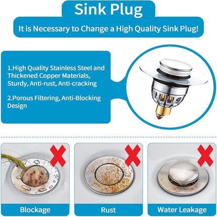 Gootsteenplug, universal, stainless steel strainer for collapsible sink plugs, drain plug for sinks 34-42 mm, suitable for bathtubs and sinks (34-42 mm).