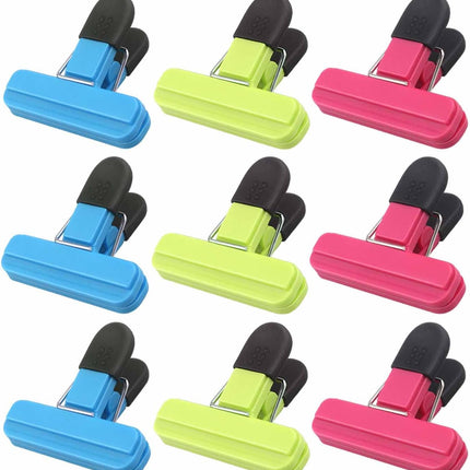 Set of 9 food clips - sturdy, airtight, reusable in 3 colours to keep food fresh - perfect for home, the kitchen, travelling and camping.