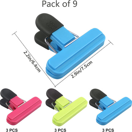 Set of 9 food clips - sturdy, airtight, reusable in 3 colours to keep food fresh - perfect for home, the kitchen, travelling and camping.