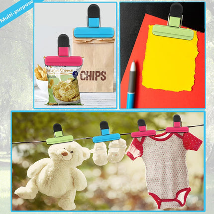 Set of 9 food clips - sturdy, airtight, reusable in 3 colours to keep food fresh - perfect for home, the kitchen, travelling and camping.