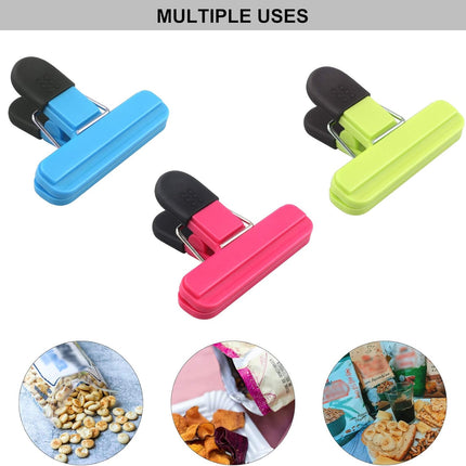Set of 9 food clips - sturdy, airtight, reusable in 3 colours to keep food fresh - perfect for home, the kitchen, travelling and camping.
