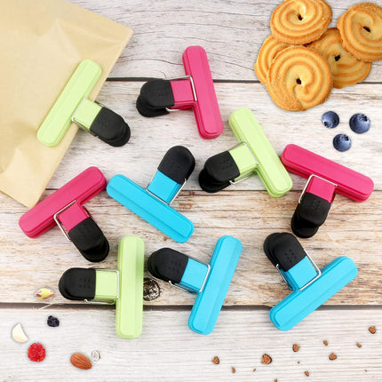 Set of 9 food clips - sturdy, airtight, reusable in 3 colours to keep food fresh - perfect for home, the kitchen, travelling and camping.