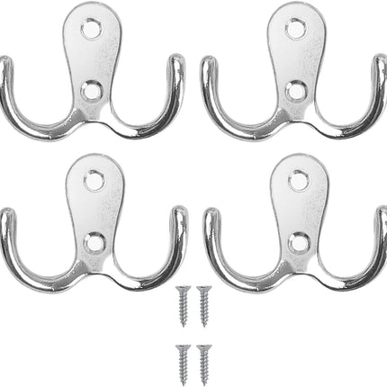 4 pieces of coat hooks with double pins, metal coat hangers, double coat hooks, suitable for bathroom, bedroom, door, wall, clothes, can hang jackets, scarves, bags, towels, keys, hats, with 8 screws.
