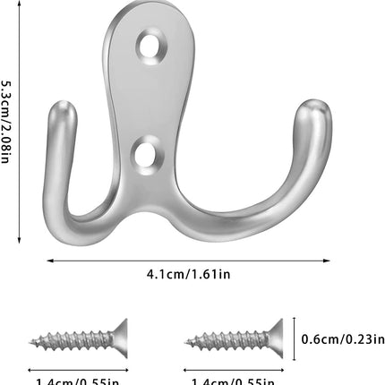4 pieces of coat hooks with double pins, metal coat hangers, double coat hooks, suitable for bathroom, bedroom, door, wall, clothes, can hang jackets, scarves, bags, towels, keys, hats, with 8 screws.