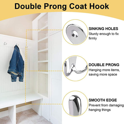 4 pieces of coat hooks with double pins, metal coat hangers, double coat hooks, suitable for bathroom, bedroom, door, wall, clothes, can hang jackets, scarves, bags, towels, keys, hats, with 8 screws.