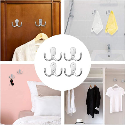 4 pieces of coat hooks with double pins, metal coat hangers, double coat hooks, suitable for bathroom, bedroom, door, wall, clothes, can hang jackets, scarves, bags, towels, keys, hats, with 8 screws.