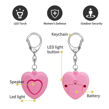 Personal alarm - 125dB - Heart-shaped - Protection device - with light - Keychain - for girls, women, children, the elderly, walking, traveling, parking, at night.