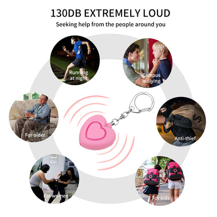 Personal alarm - 125dB - Heart-shaped - Protection device - with light - Keychain - for girls, women, children, the elderly, walking, traveling, parking, at night.