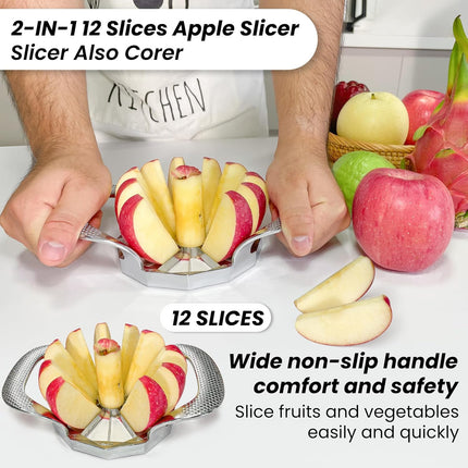 Apple corer, apple drill, fully metal apple corer and drill with 12 stainless steel blades, large apple corer for cutting apples up to 10 cm, comfortable wide non-slip handle.