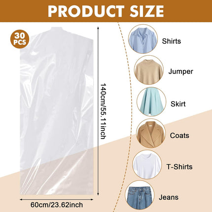 30 plastic clothing covers, 60*140cm laundry bags, transparent clothes hangers, clothing bags, dustproof garment protectors for clothes, shirts, jackets, suits, jumpers (transparent).