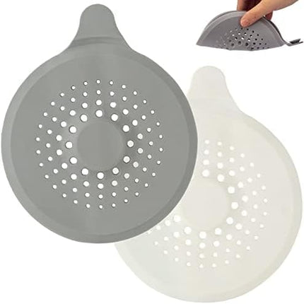2-pack shower drain hair catchers with strong suction cups, silicone sink strainer protector, shower drain cover, hair stopper, sink strainer for bathroom, bathtub, kitchen sink (white + grey).