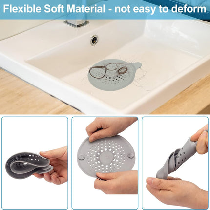 2-pack shower drain hair catchers with strong suction cups, silicone sink strainer protector, shower drain cover, hair stopper, sink strainer for bathroom, bathtub, kitchen sink (white + grey).