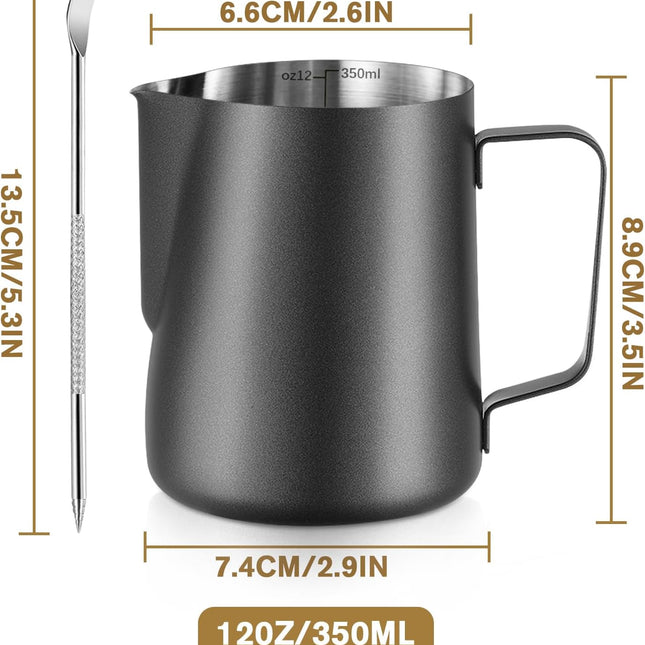 Melkopschuimpot - 350 ml stainless steel milk frothing jug for milk, coffee, cappuccino, latte art, barista frothing jug with decorative pen [black].
