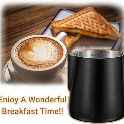 Melkopschuimpot - 350 ml stainless steel milk frothing jug for milk, coffee, cappuccino, latte art, barista frothing jug with decorative pen [black].