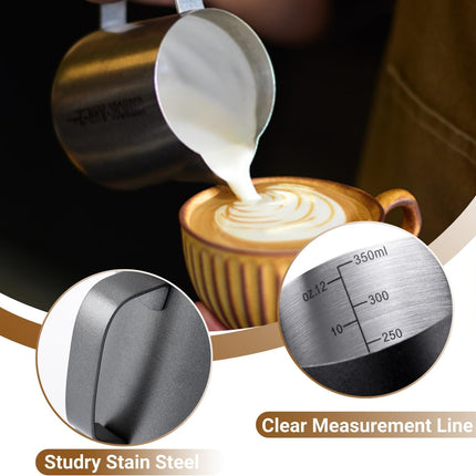 Melkopschuimpot - 350 ml stainless steel milk frothing jug for milk, coffee, cappuccino, latte art, barista frothing jug with decorative pen [black].
