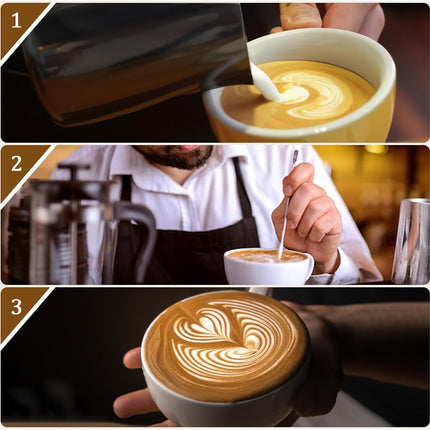 Melkopschuimpot - 350 ml stainless steel milk frothing jug for milk, coffee, cappuccino, latte art, barista frothing jug with decorative pen [black].