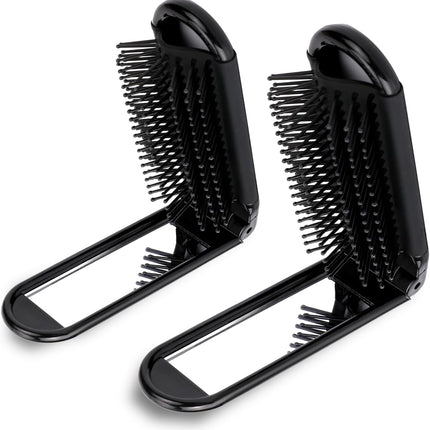 2 pieces of foldable hairbrush - portable travel hairbrush with pocket-sized mirror, anti-static mini hairbrush - small compact massage comb, hair styling tool - for women, girls, home, travel, gym, purse (black).