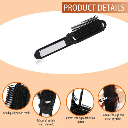 2 pieces of foldable hairbrush - portable travel hairbrush with pocket-sized mirror, anti-static mini hairbrush - small compact massage comb, hair styling tool - for women, girls, home, travel, gym, purse (black).