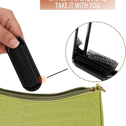2 pieces of foldable hairbrush - portable travel hairbrush with pocket-sized mirror, anti-static mini hairbrush - small compact massage comb, hair styling tool - for women, girls, home, travel, gym, purse (black).