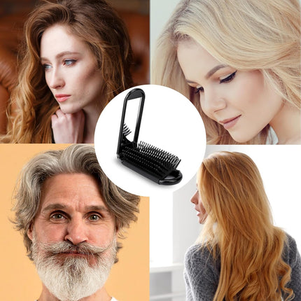2 pieces of foldable hairbrush - portable travel hairbrush with pocket-sized mirror, anti-static mini hairbrush - small compact massage comb, hair styling tool - for women, girls, home, travel, gym, purse (black).