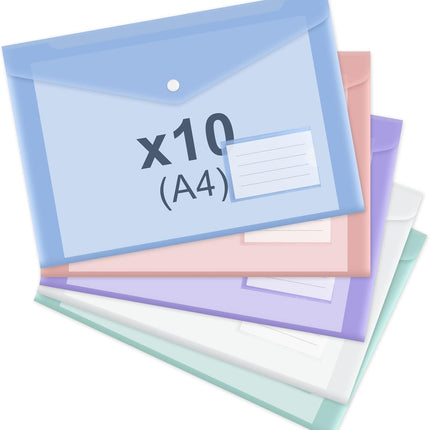 10 pieces of A4 plastic envelope folders, transparent envelopes with press studs, A4 folders with label pockets for school, homework and office, 5 colours.