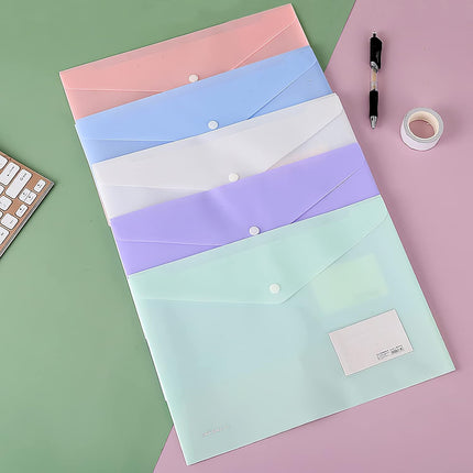 10 pieces of A4 plastic envelope folders, transparent envelopes with press studs, A4 folders with label pockets for school, homework and office, 5 colours.