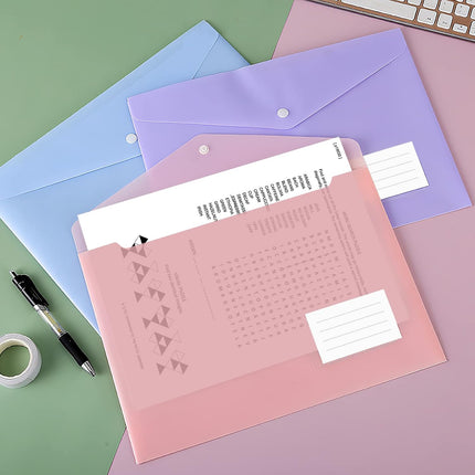 10 pieces of A4 plastic envelope folders, transparent envelopes with press studs, A4 folders with label pockets for school, homework and office, 5 colours.