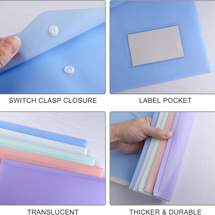 10 pieces of A4 plastic envelope folders, transparent envelopes with press studs, A4 folders with label pockets for school, homework and office, 5 colours.