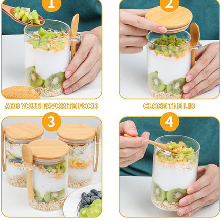 4-pack overnight oats containers with wooden lids and spoons, 473 ml overnight oats jars, glass food containers for oatmeal, chia seed pudding, yoghurt, salad and breakfast cereals.