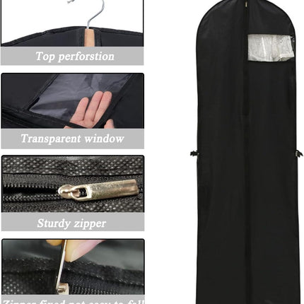 Long garment bags, dustproof clothing covers, moth-resistant clothing bags, wedding dress bags, foldable long coat bags, suitable for storing coats, shirts, suits and jackets (black).