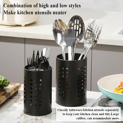 Cutlery holder for crockery, suitable for countertops, 2-pack, stainless steel black kitchen utensil holder, stylish storage box and decorative kitchen utensil pot, perfect gift for a new house or apartment.