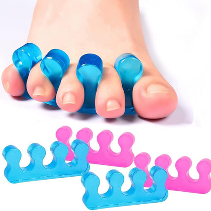 4-pack gel toe separators, gel nail polish toe separators for men and women, correctors, reusable for overlapping toes, bunions, hammertoes, relief of foot pain, pedicure and manicure.