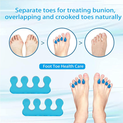 4-pack gel toe separators, gel nail polish toe separators for men and women, correctors, reusable for overlapping toes, bunions, hammertoes, relief of foot pain, pedicure and manicure.