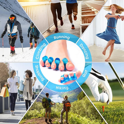 4-pack gel toe separators, gel nail polish toe separators for men and women, correctors, reusable for overlapping toes, bunions, hammertoes, relief of foot pain, pedicure and manicure.