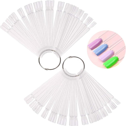 100 transparent nail sticks in fan shape, nail polish sticks, nail display sticks, transparent plastic pointed color sticks with metal ring for salons and beginners.