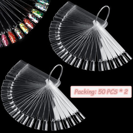 100 transparent nail sticks in fan shape, nail polish sticks, nail display sticks, transparent plastic pointed color sticks with metal ring for salons and beginners.