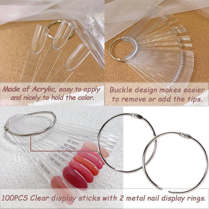 100 transparent nail sticks in fan shape, nail polish sticks, nail display sticks, transparent plastic pointed color sticks with metal ring for salons and beginners.