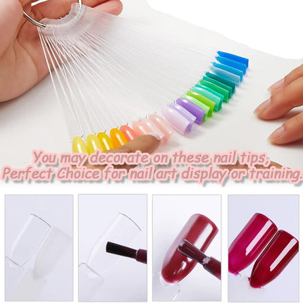 100 transparent nail sticks in fan shape, nail polish sticks, nail display sticks, transparent plastic pointed color sticks with metal ring for salons and beginners.