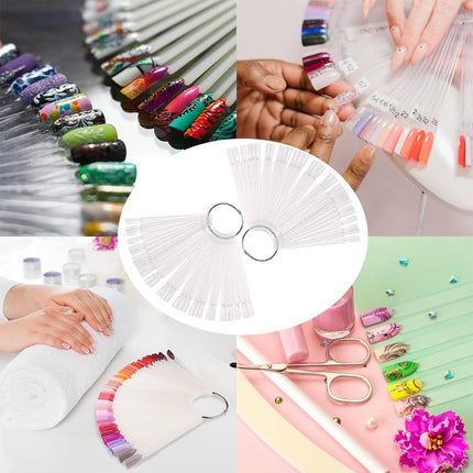 100 transparent nail sticks in fan shape, nail polish sticks, nail display sticks, transparent plastic pointed color sticks with metal ring for salons and beginners.
