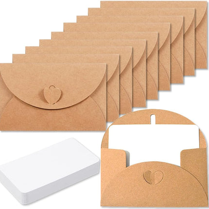 15 kraft envelopes with 15  -  cards - small heart-shaped closure, 10.5 x 7.5 cm, mini envelopes for thank you notes, invitations, birthday cards.