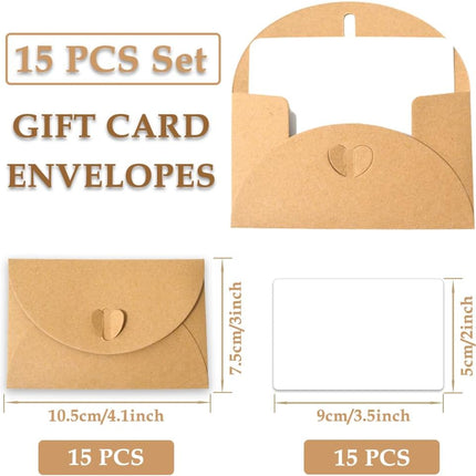 15 kraft envelopes with 15  -  cards - small heart-shaped closure, 10.5 x 7.5 cm, mini envelopes for thank you notes, invitations, birthday cards.