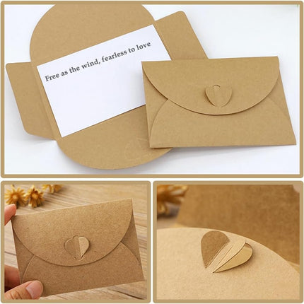 15 kraft envelopes with 15  -  cards - small heart-shaped closure, 10.5 x 7.5 cm, mini envelopes for thank you notes, invitations, birthday cards.