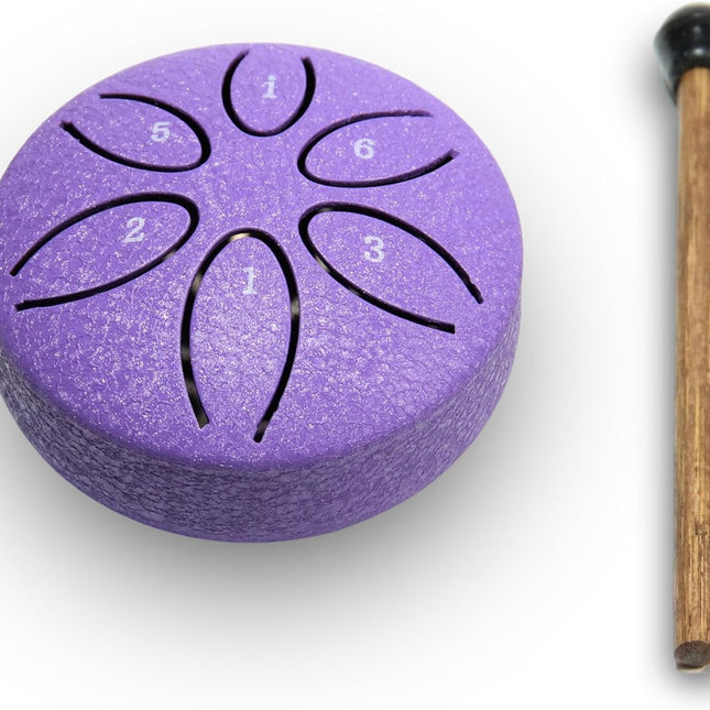 Ethereal Drums - Mini Steel Tongue Drum Kit - for sound healing, meditation and yoga - 3" 6-note - Great for beginners and relaxation - Lavender Purple - Mallets + Tabs + Bag.