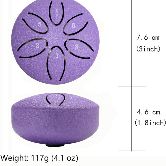 Ethereal Drums - Mini Steel Tongue Drum Kit - for sound healing, meditation and yoga - 3" 6-note - Great for beginners and relaxation - Lavender Purple - Mallets + Tabs + Bag.