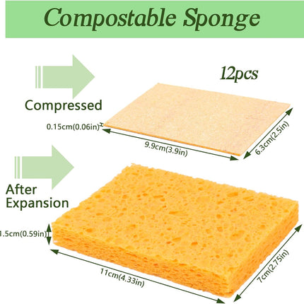 Dishwashing sponges, 12 natural cellulose cleaning sponges, anti-scratch kitchen sponges for washing dishes, home, cookware, bathroom.