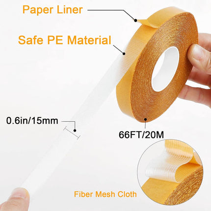 Rol 0.6" x 66' double-sided, strong super sticky fabric tape - clear adhesive for carpet, walls, floors, rugs, craft supplies - wide mounting (2 rolls).